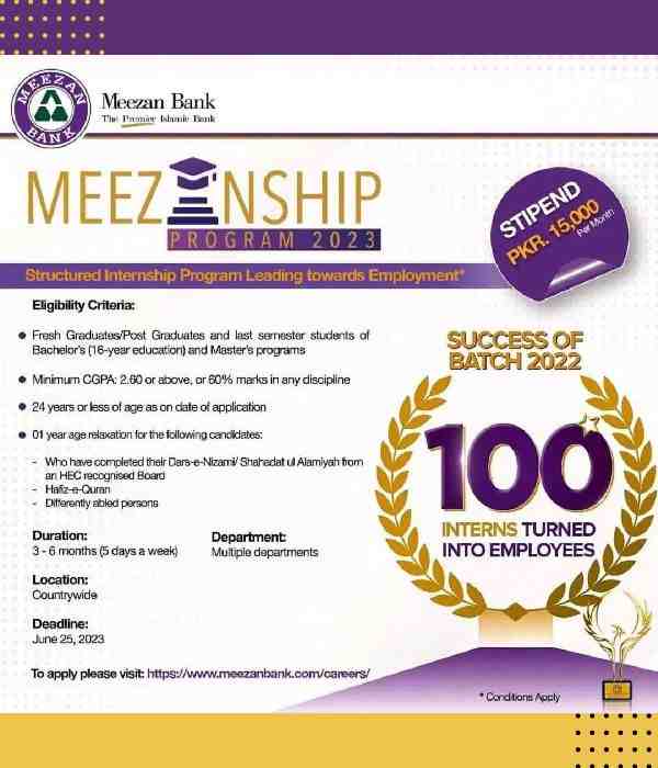 Ad on Meezanship a Meezan Bank Paid Internship Program 2023 for Fresh Graduates