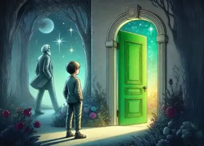 A boy standing in front of the door in the wall