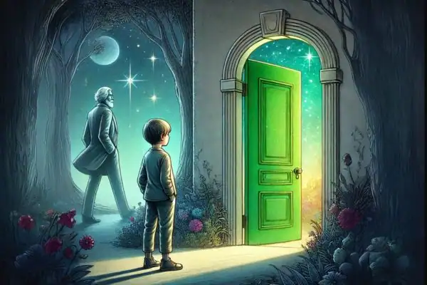 A boy standing in front of the door in the wall